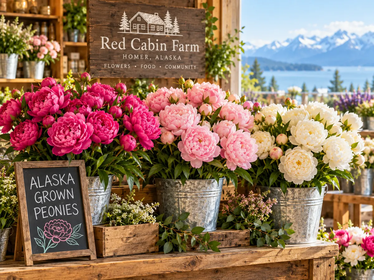 AI-generated concept showing pink, blush, and white peonies in metal buckets with an imagined Alaska mountain backdrop and flower stand
