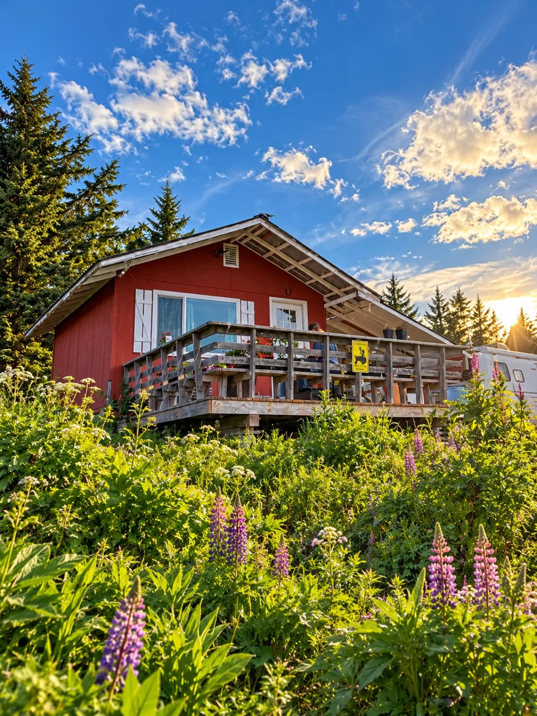AI-enhanced photograph of the red cabin on Ohlson Mountain