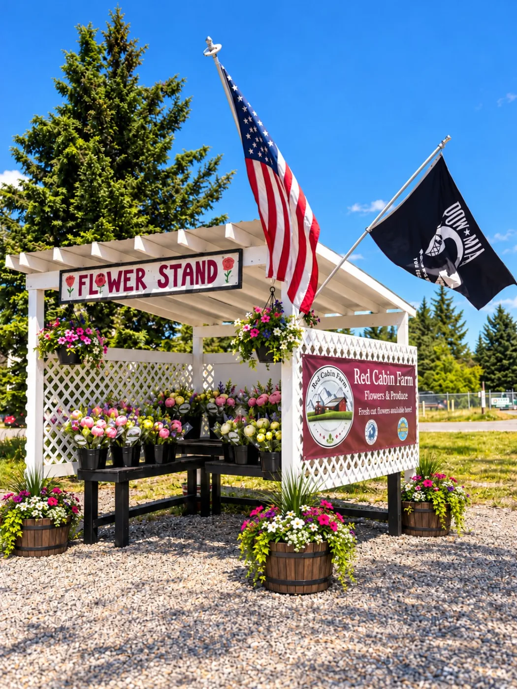 AI-enhanced concept of Red Cabin Farm’s seasonal Homer flower stand with added decorative flowers