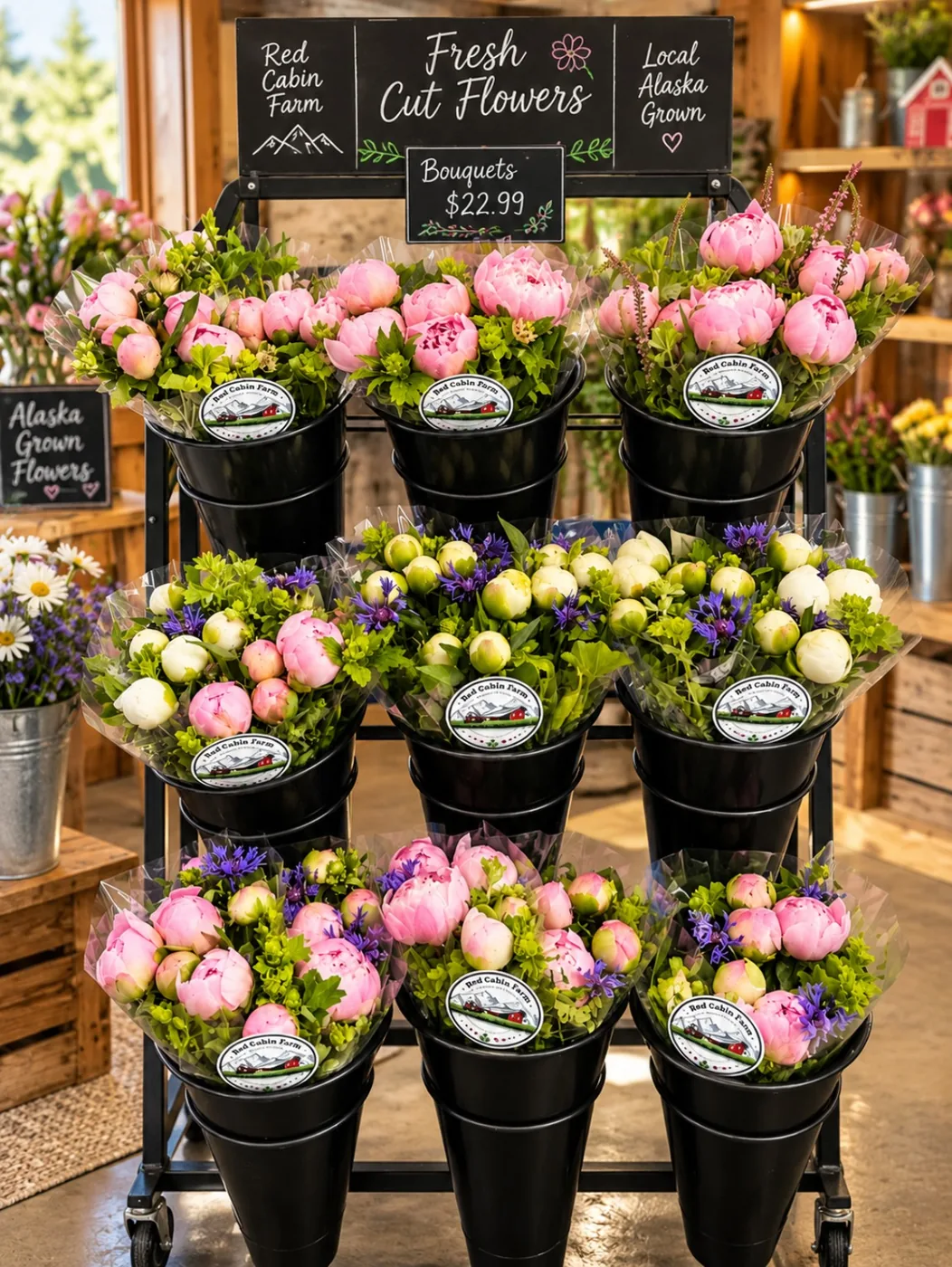 AI-enhanced peony flower display in a rustic shop setting; illustrative signage