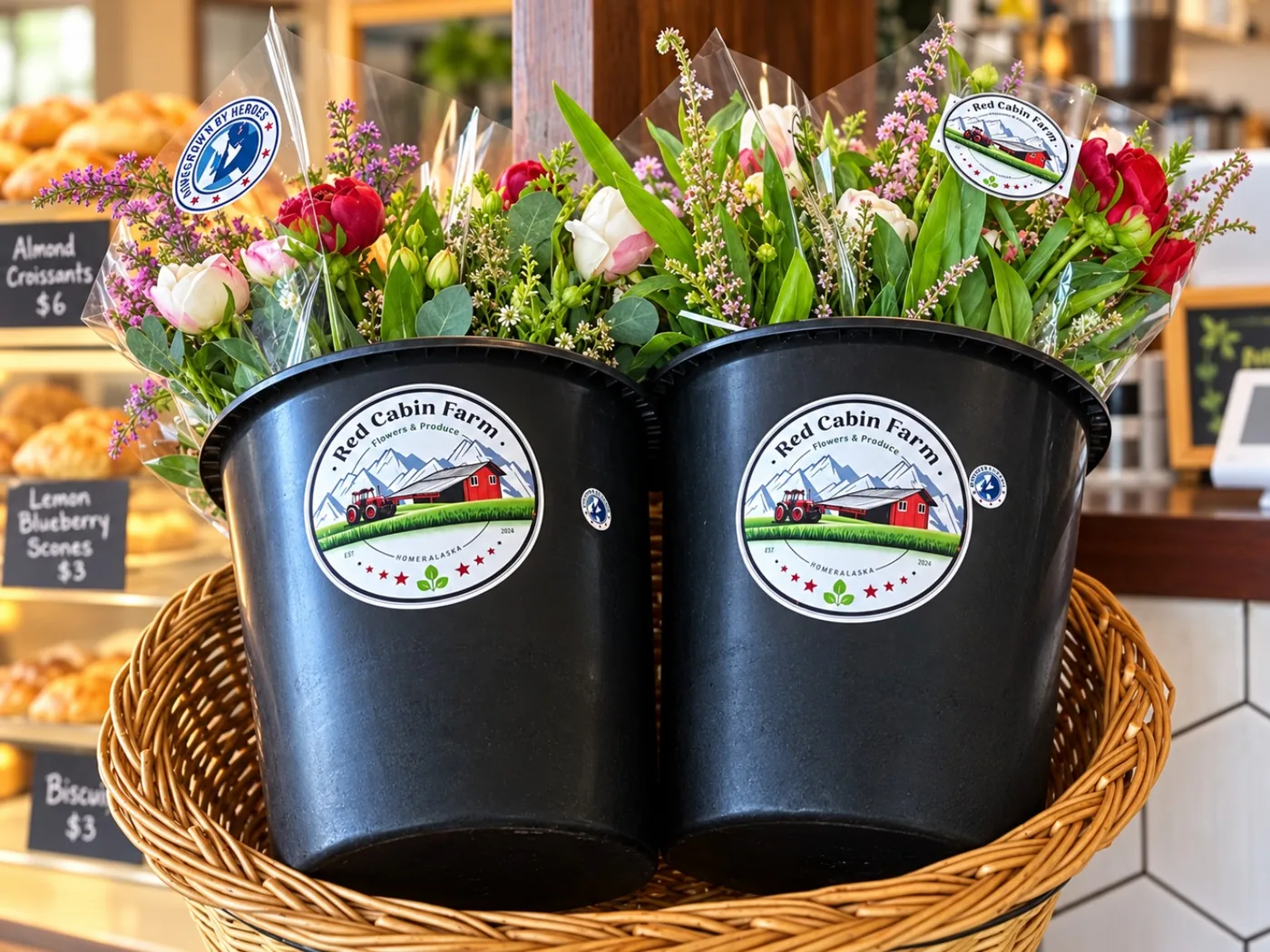 AI-enhanced image of Red Cabin Farm wrapped bouquets in black buckets with the farm labels