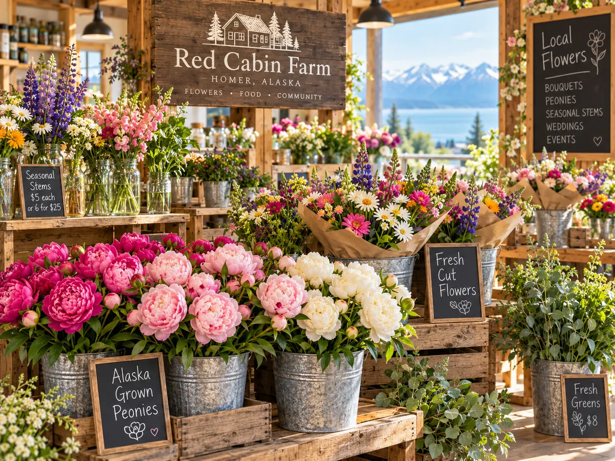 AI-generated concept of a rustic indoor flower market with mixed bouquets, peonies, wood signs and imagined coastal Alaska scenery