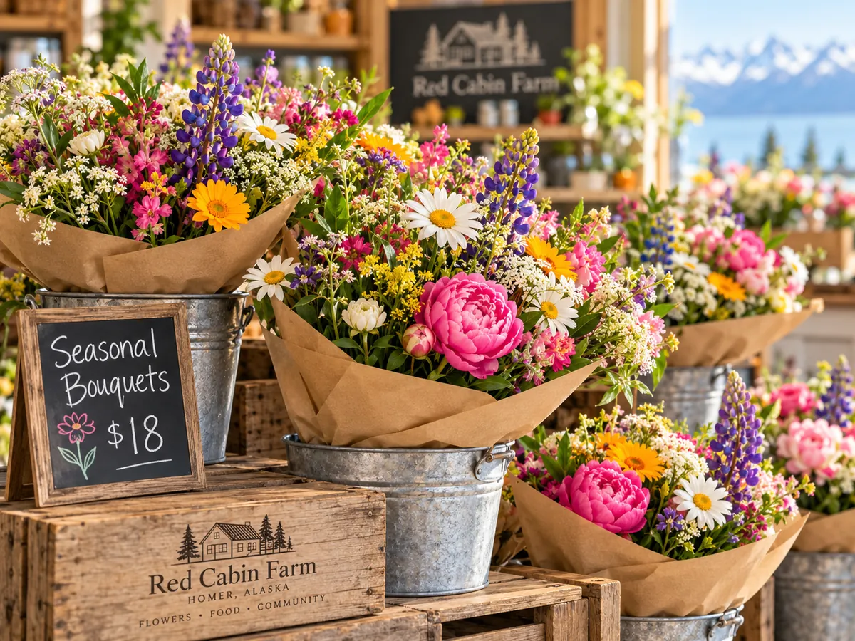 AI-generated concept showing colorful mixed bouquets wrapped in brown paper, arranged on wooden crates and metal buckets in an imagined flower-market display